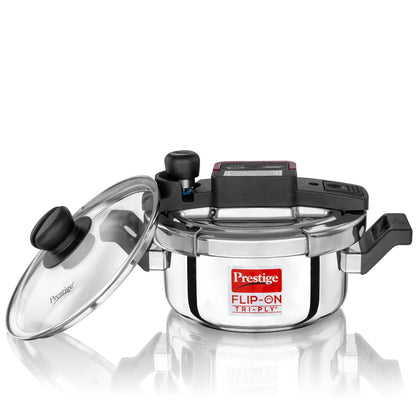 Prestige 2 Litre Flip On Triply Stainless Steel Pressure Cooker with Glass Lid|Deep lid for spillage control|Innovative Lock Lid with single hand operation|Gas & Induction Compatible|5 Years warranty