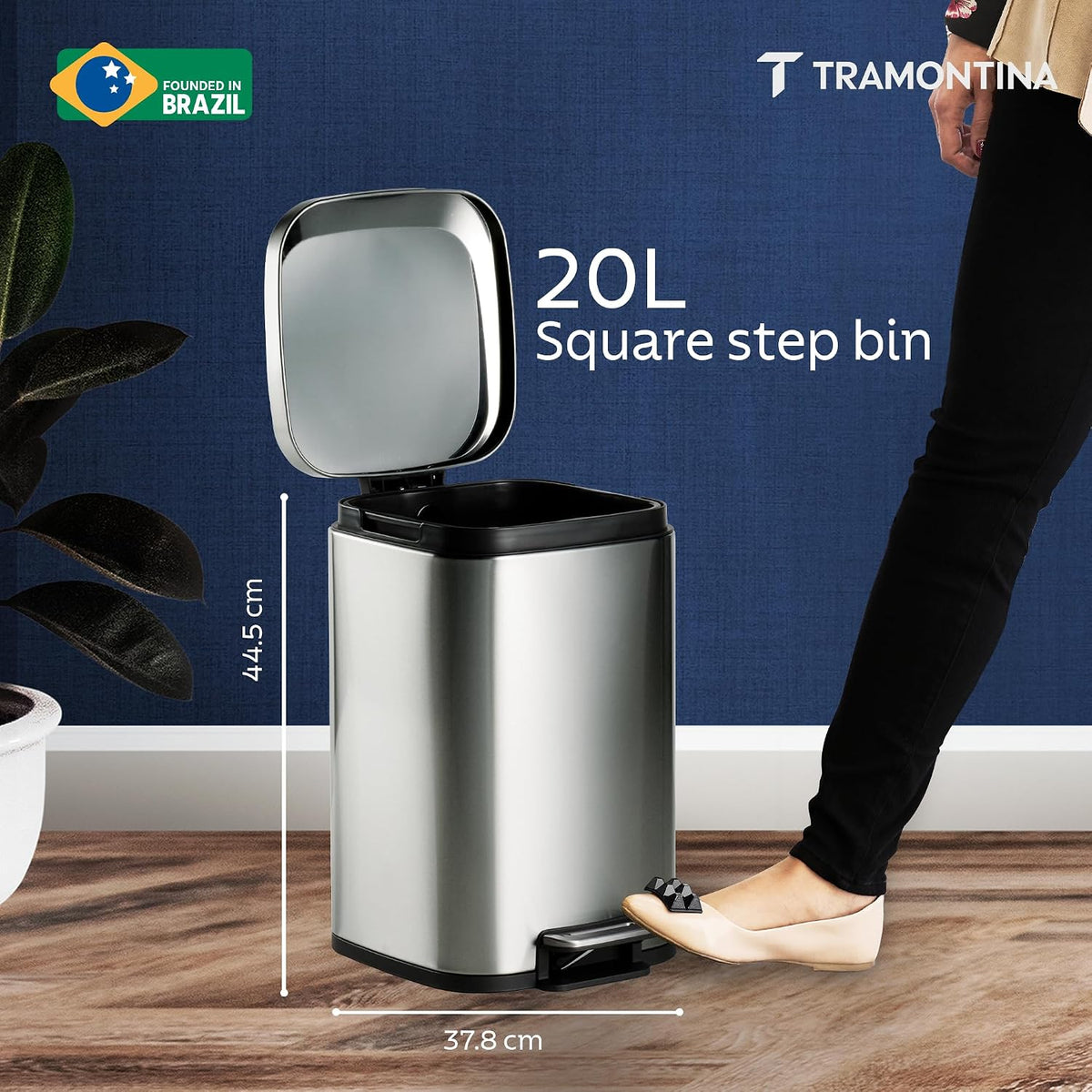 TRAMONTINA 20 Litre Stainless Steel Step Dustbin | Fingerprint-Resistant Finish | Soft-Close Lid | Removable Inner Bucket | Square Trash Can for Home, Office & Hospitality