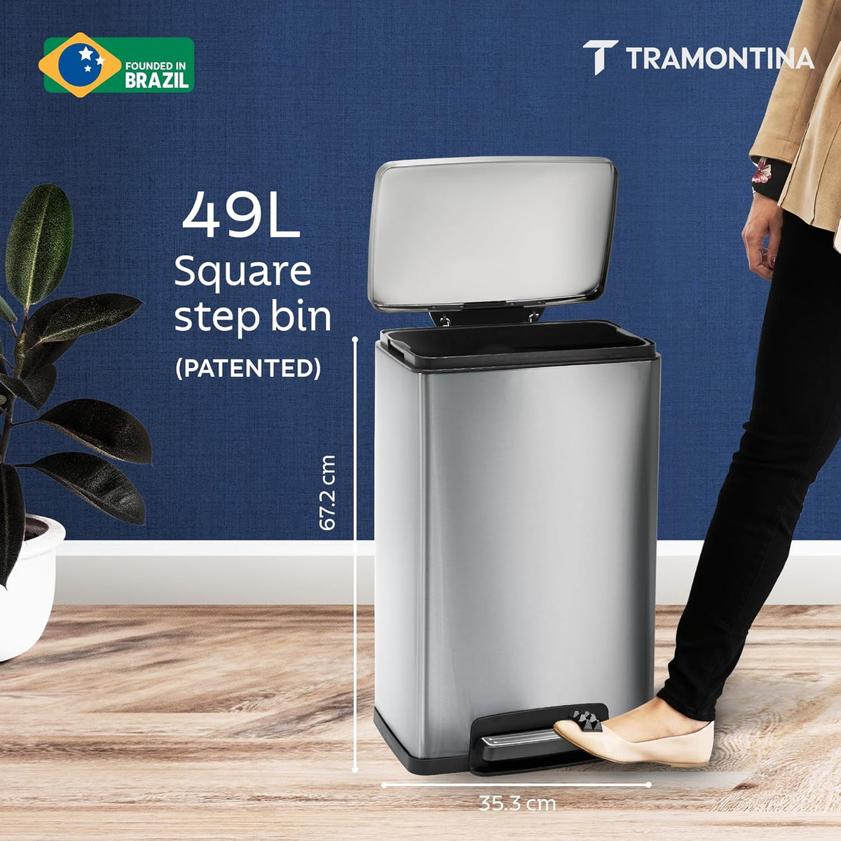 TRAMONTINA 49 Litre Stainless Steel Step Dustbin | Fingerprint-Resistant Finish | Soft-Close Lid | Removable Inner Bucket | Large Trash Can for Office & Hospitality