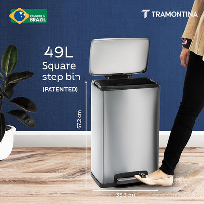 TRAMONTINA 49 Litre Stainless Steel Step Dustbin | Fingerprint-Resistant Finish | Soft-Close Lid | Removable Inner Bucket | Large Trash Can for Office & Hospitality
