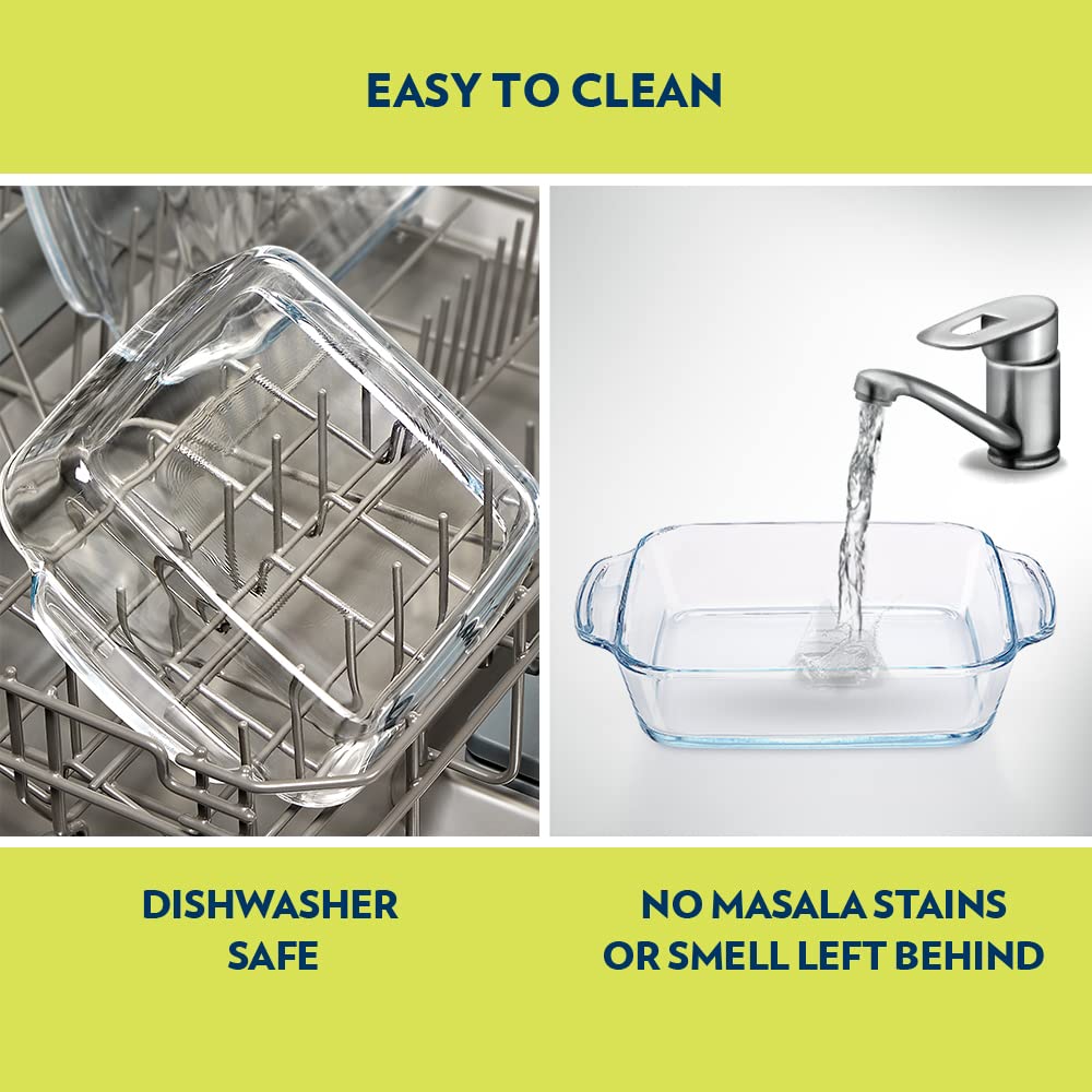 Borosil 1.6 L Baking & Serving Dish with Handle | Borosilicate Glass Round Shape Bakeware and Serveware Casserole Dish Tray | Microwave, Oven & Dishwasher Safe Bowl (Transparent)