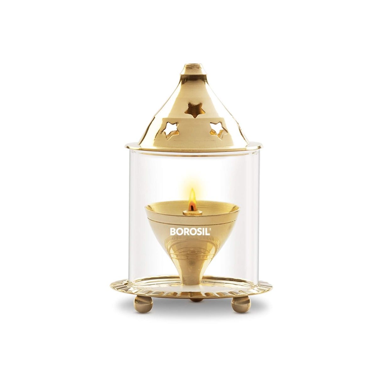 Borosil Small Size Akhand Diya Decorative Brass Oil Lamp | Tea Light Holder | Diya with Borosilicate Glass | Puja Dia for Mandir | Lantern Diya with Cover