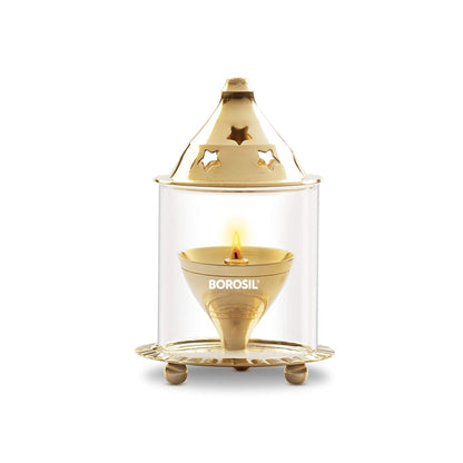 Borosil Small Size Akhand Diya Decorative Brass Oil Lamp | Tea Light Holder | Diya with Borosilicate Glass | Puja Dia for Mandir | Lantern Diya with Cover