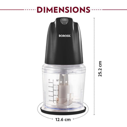 Borosil Chef Delite 260 Watts Electric Chopper for Kitchen, Twin Blade Technology, 500 ml 'chop-n-store' plastic bowl with lid, Vegetable Chopper, Cutter, Chop, Mince, Dice, Whisk, Blend, Black