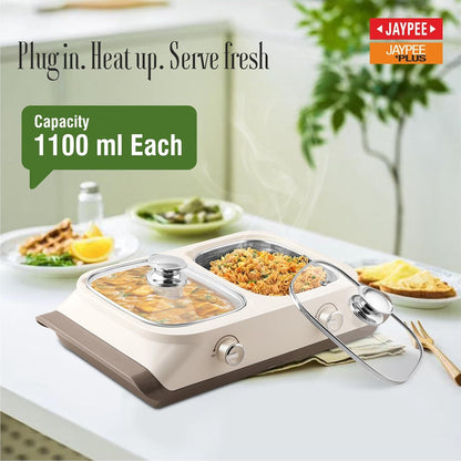 Jaypee Twin Power 2 Removable Container Electric Serving Casserole 1100 ml Each Stainless Steel Chafing Dish Food Buffet Server 2 in 1 Hot Pot Electric Bowl for Reheating Food, S Ivory
