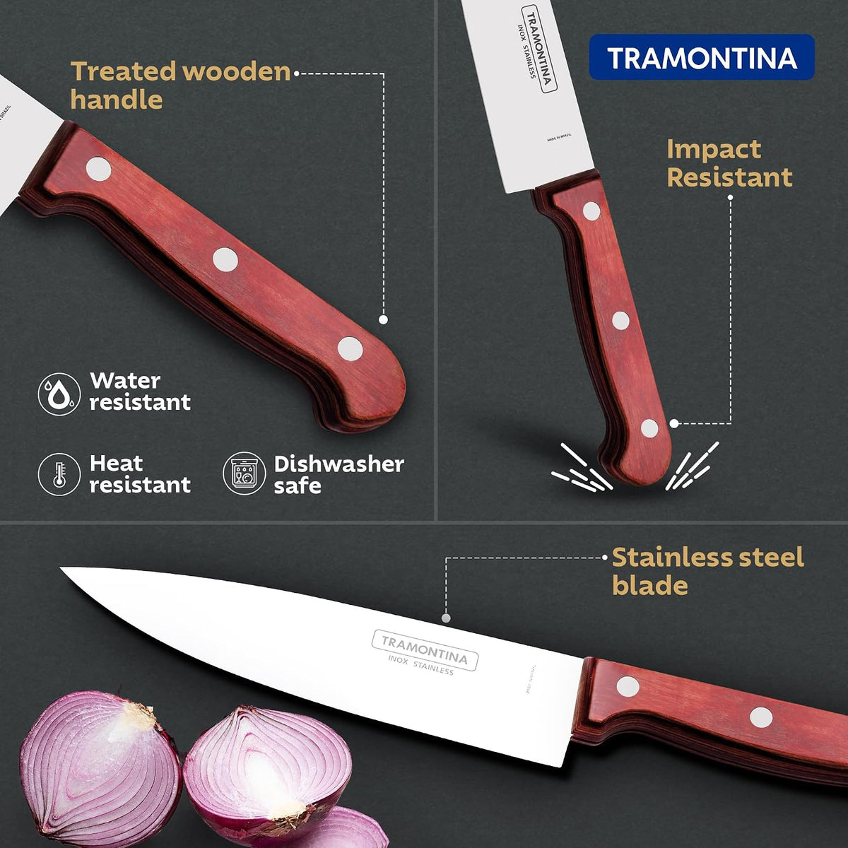 TRAMONTINA Polywood 15.2cm /6" Chef Knife | Stainless Steel Blade Professional Kitchen Knife | Chopping Knife | Plain/Straight Edge | Treated Wooden Handle | Impact Resistant | 5 Yr Warranty