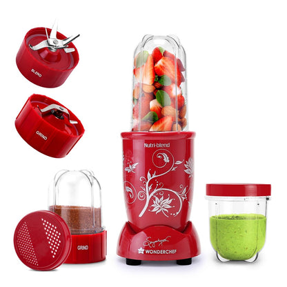 Wonderchef Nutri-blend 500W Mixer Grinder, 22000 RPM Motor, Smoothie Maker, Masala Grinder, Chutney Blender, 3 Unbreakable Jars, Recipe Book by Chef Sanjeev Kapoor, 2 Yr Warranty, Red