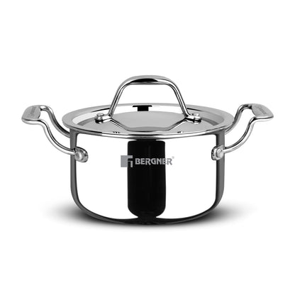 Bergner Argent Junior Chef Triply Stainless Steel 12cm (800ml) Casserole with Stainless Steel Lid, Mini Casserole, Durable, Less Oil Use, Healthy, Non-Toxic, Easy Clean - Induction and Gas Stove Ready