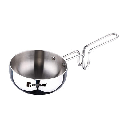 BERGNER Argent Triply 12cm Tadka Pan, 500ml Capacity, for Spice Tempering/Seasoning, Laser-Etched Measuring Scale Inside, Consumes Less Oil, Healthy Cooking - Induction and Gas Stove Ready