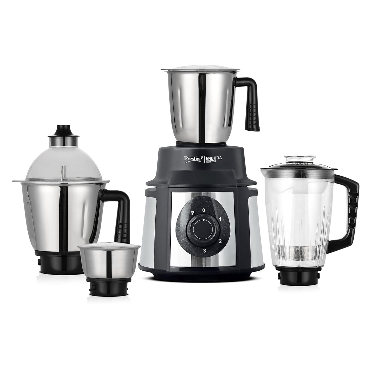 Prestige Endura 1000 Watt Mixer Grinder with 4 Jars | Heavy-Duty Ball Bearing Copper Motor | 3 Stainless Steel + 1 Juicer | Super Efficient SS Blades | Black | 5Y Motor Warranty