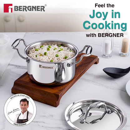 Bergner Argent Junior Chef Triply Stainless Steel 12cm (800ml) Casserole with Stainless Steel Lid, Mini Casserole, Durable, Less Oil Use, Healthy, Non-Toxic, Easy Clean - Induction and Gas Stove Ready