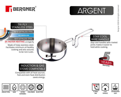 BERGNER Argent Triply 12cm Tadka Pan, 500ml Capacity, for Spice Tempering/Seasoning, Laser-Etched Measuring Scale Inside, Consumes Less Oil, Healthy Cooking - Induction and Gas Stove Ready