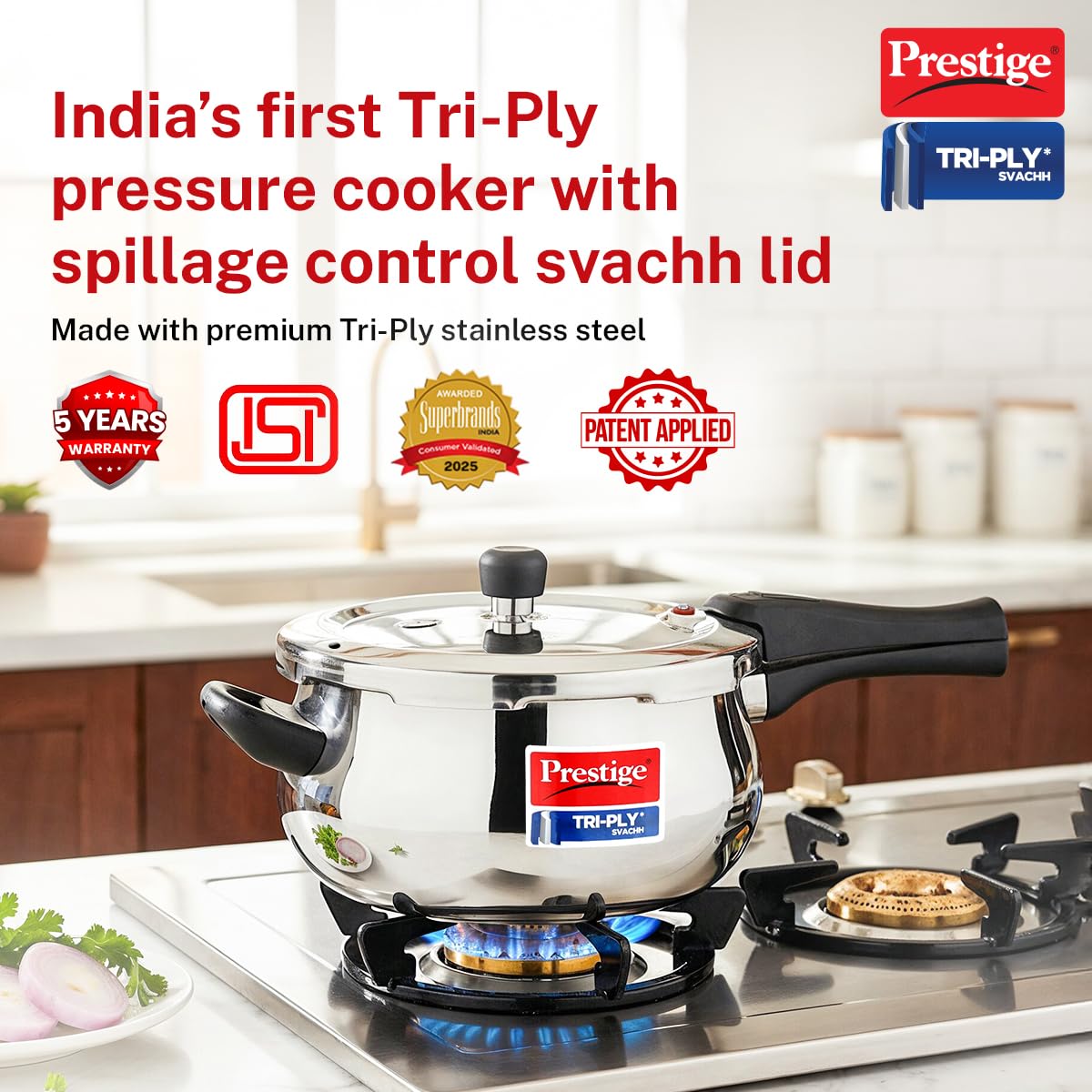 Prestige 3 Litre Triply Svachh Handi Outerlid Pressure Cooker|Deep lid for spillage control|Gas & Induction Compatible|Triply body for even heating|Gasket Release System|5 Years warranty|ISI certified
