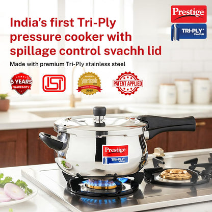 Prestige 3 Litre Triply Svachh Handi Outerlid Pressure Cooker|Deep lid for spillage control|Gas & Induction Compatible|Triply body for even heating|Gasket Release System|5 Years warranty|ISI certified