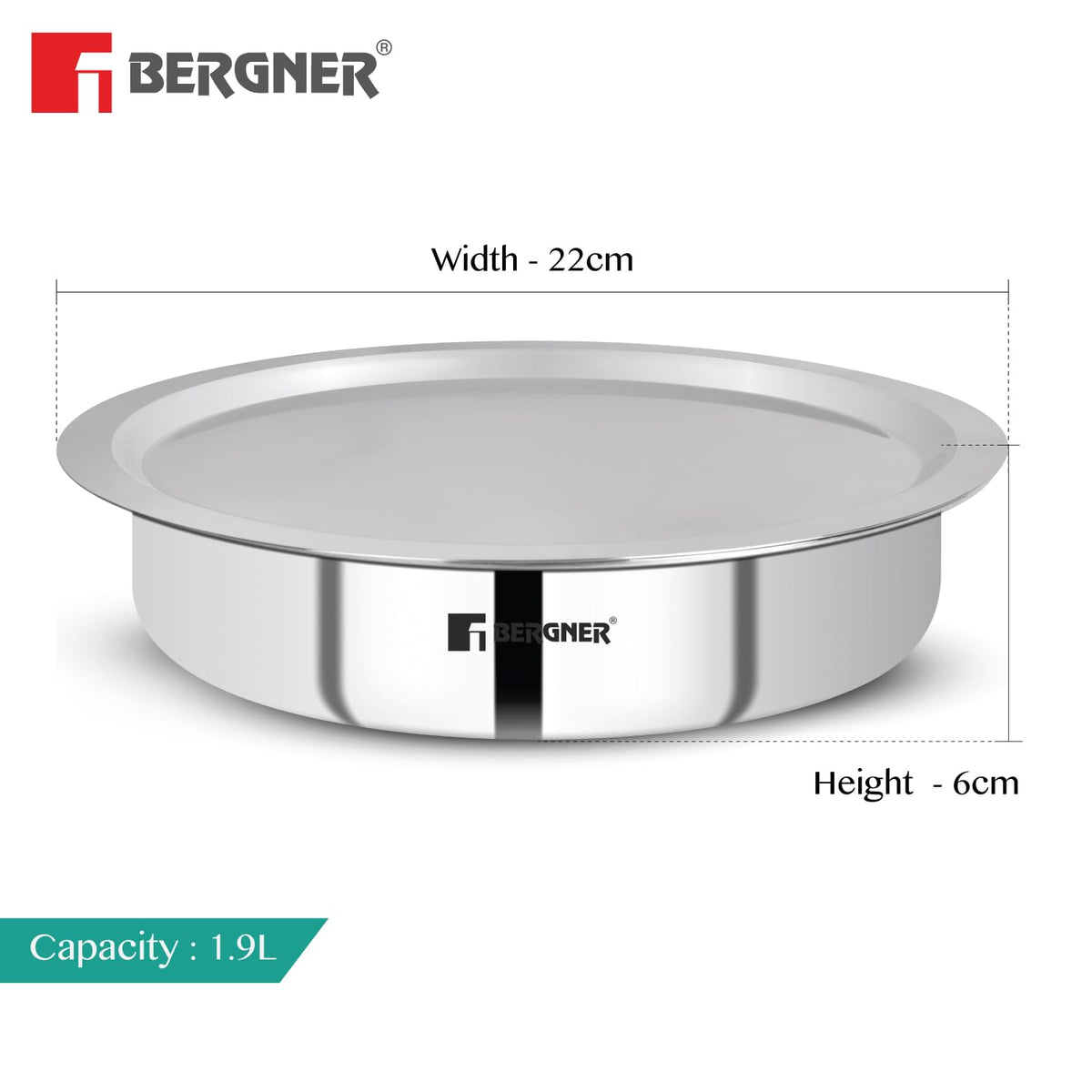 Bergner Argent TriPly Stainless Steel 22 cm Lagdi with Stainless Steel Lid, 1.9 L Saute Pan with Lid, Food Safe, Durable, Dishwasher Safe, Induction and Gas Ready, 5-Year Warranty