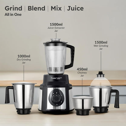 Prestige Endura 1000 Watt Mixer Grinder with 4 Jars | Heavy-Duty Ball Bearing Copper Motor | 3 Stainless Steel + 1 Juicer | Super Efficient SS Blades | Black | 5Y Motor Warranty