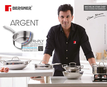 BERGNER Argent Triply 12cm Tadka Pan, 500ml Capacity, for Spice Tempering/Seasoning, Laser-Etched Measuring Scale Inside, Consumes Less Oil, Healthy Cooking - Induction and Gas Stove Ready