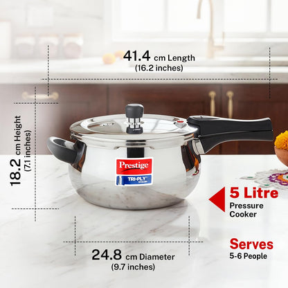 Prestige 5 Litre TRIPLY Svachh Outer Lid Pressure Cooker | Handi | Deep Lid for Spillage Control | Gas & Induction Compatible | Gasket Release System | Visual Pressure Indicator | 5Y Warranty | ISI