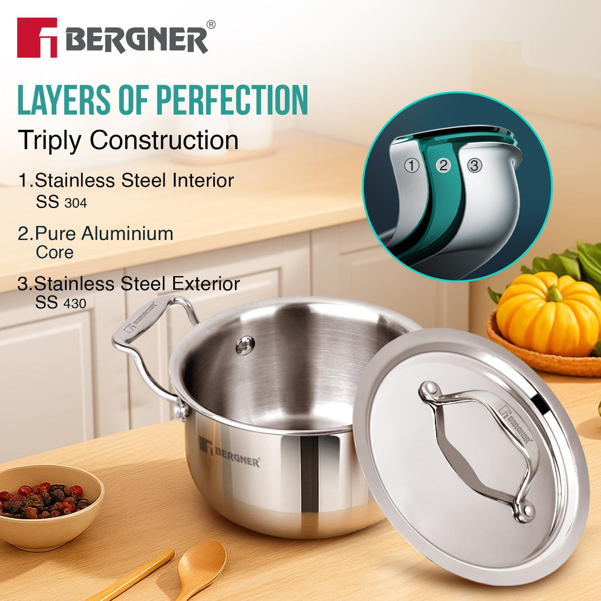 Bergner Argent Junior Chef Triply Stainless Steel 12cm (800ml) Casserole with Stainless Steel Lid, Mini Casserole, Durable, Less Oil Use, Healthy, Non-Toxic, Easy Clean - Induction and Gas Stove Ready