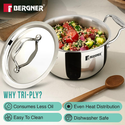 Bergner Argent Junior Chef Triply Stainless Steel 12cm (800ml) Casserole with Stainless Steel Lid, Mini Casserole, Durable, Less Oil Use, Healthy, Non-Toxic, Easy Clean - Induction and Gas Stove Ready