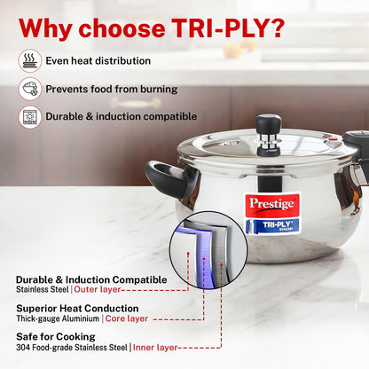 Prestige 3 Litre Triply Svachh Handi Outerlid Pressure Cooker|Deep lid for spillage control|Gas & Induction Compatible|Triply body for even heating|Gasket Release System|5 Years warranty|ISI certified