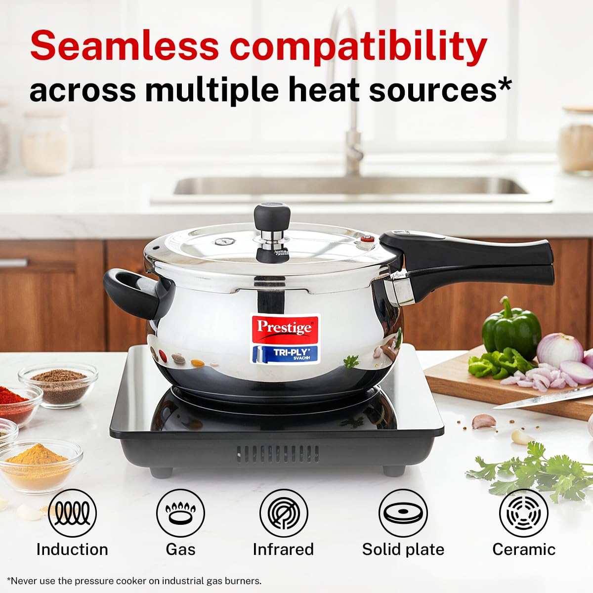 Prestige 3 Litre Triply Svachh Handi Outerlid Pressure Cooker|Deep lid for spillage control|Gas & Induction Compatible|Triply body for even heating|Gasket Release System|5 Years warranty|ISI certified