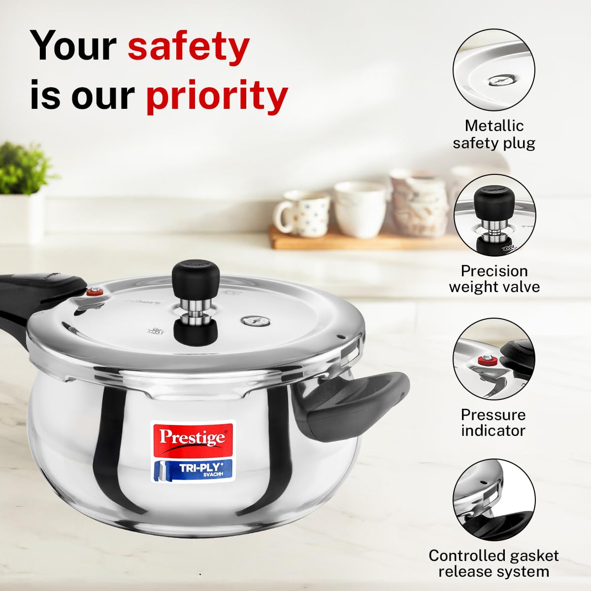Prestige 3 Litre Triply Svachh Handi Outerlid Pressure Cooker|Deep lid for spillage control|Gas & Induction Compatible|Triply body for even heating|Gasket Release System|5 Years warranty|ISI certified