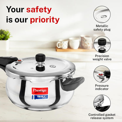 Prestige 3 Litre Triply Svachh Handi Outerlid Pressure Cooker|Deep lid for spillage control|Gas & Induction Compatible|Triply body for even heating|Gasket Release System|5 Years warranty|ISI certified