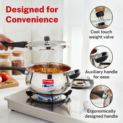 Prestige 3 Litre Triply Svachh Handi Outerlid Pressure Cooker|Deep lid for spillage control|Gas & Induction Compatible|Triply body for even heating|Gasket Release System|5 Years warranty|ISI certified