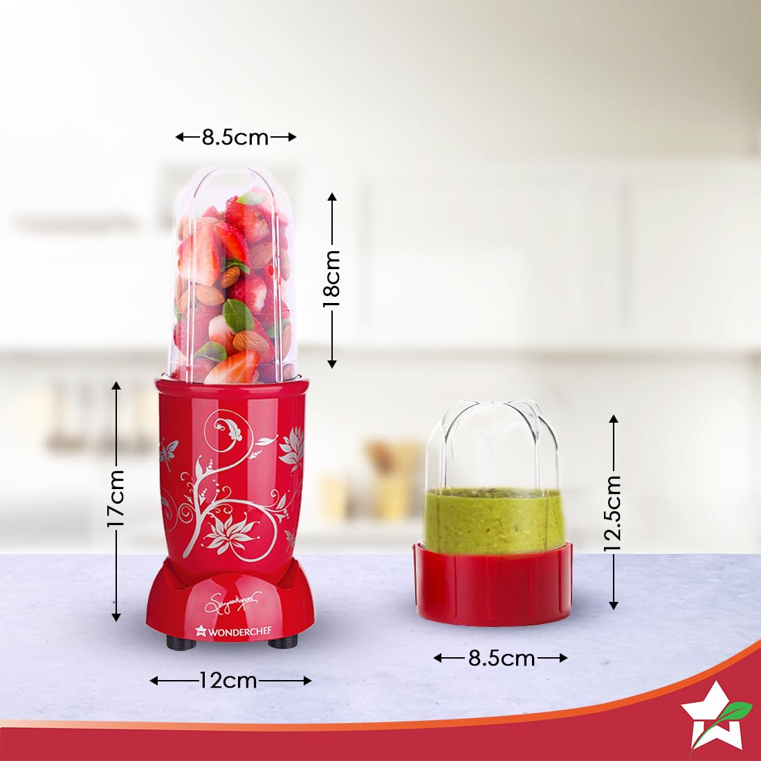 Wonderchef Nutri-blend 500W Mixer Grinder, 22000 RPM Motor, Smoothie Maker, Masala Grinder, Chutney Blender, 3 Unbreakable Jars, Recipe Book by Chef Sanjeev Kapoor, 2 Yr Warranty, Red
