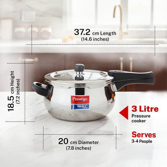 Prestige 3 Litre Triply Svachh Handi Outerlid Pressure Cooker|Deep lid for spillage control|Gas & Induction Compatible|Triply body for even heating|Gasket Release System|5 Years warranty|ISI certified