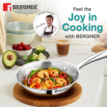 BERGNER Argent Junior Chef TriPly Stainless Steel 18cm (800ml) Fryapn, Mini Frying Pan, Sturdy and Durable, Less Oil Use, Healthy Cooking, Non-Toxic, Easy to Clean - Induction and Gas Stove Ready