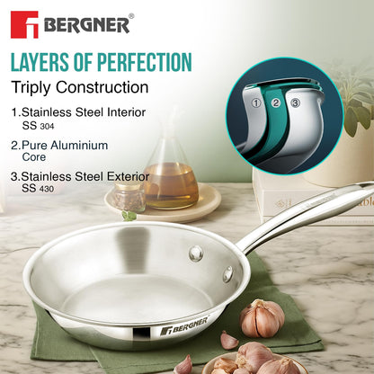 BERGNER Argent Junior Chef TriPly Stainless Steel 16cm (700ml) Fryapn, Mini Frying Pan, Sturdy and Durable, Less Oil Use, Healthy Cooking, Non-Toxic, Easy to Clean - Induction and Gas Stove Ready