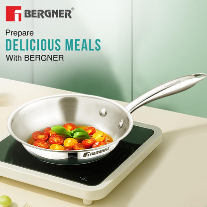 BERGNER Argent Junior Chef TriPly Stainless Steel 16cm (700ml) Fryapn, Mini Frying Pan, Sturdy and Durable, Less Oil Use, Healthy Cooking, Non-Toxic, Easy to Clean - Induction and Gas Stove Ready