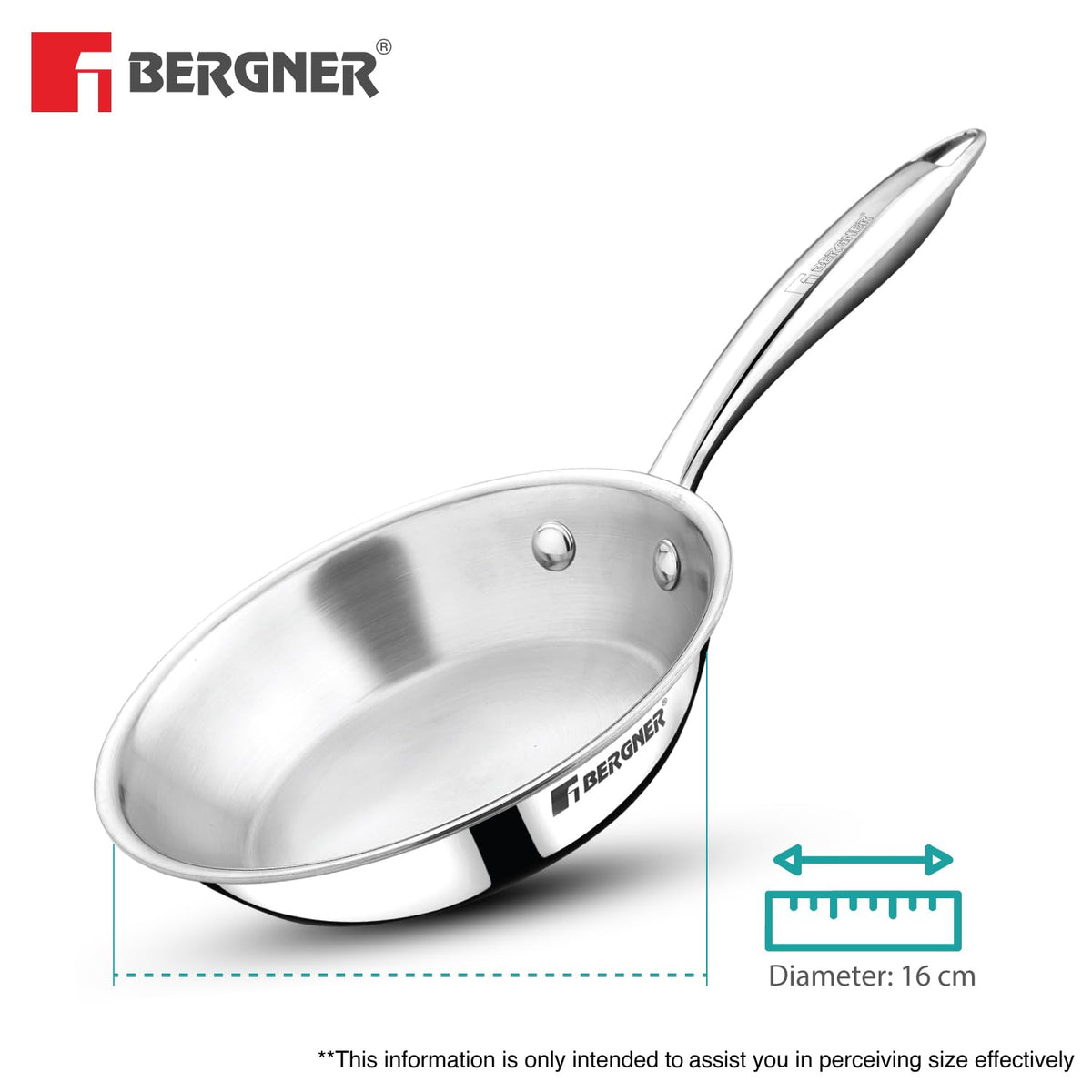 BERGNER Argent Junior Chef TriPly Stainless Steel 16cm (700ml) Fryapn, Mini Frying Pan, Sturdy and Durable, Less Oil Use, Healthy Cooking, Non-Toxic, Easy to Clean - Induction and Gas Stove Ready