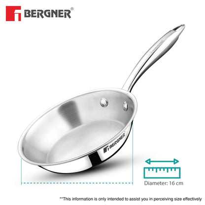 BERGNER Argent Junior Chef TriPly Stainless Steel 16cm (700ml) Fryapn, Mini Frying Pan, Sturdy and Durable, Less Oil Use, Healthy Cooking, Non-Toxic, Easy to Clean - Induction and Gas Stove Ready