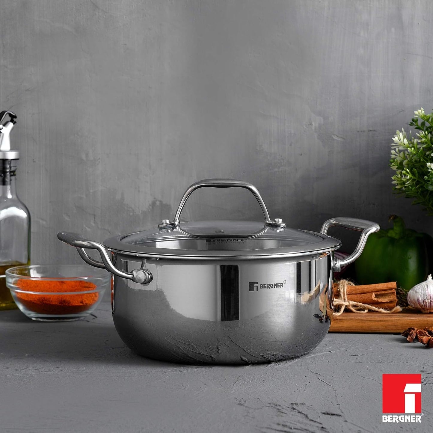 BERGNER Hitech Triply Stainless Steel Scratch Resistant Non Stick Serving Pan With Glass Lid, 28 cm, 5.7 Litres