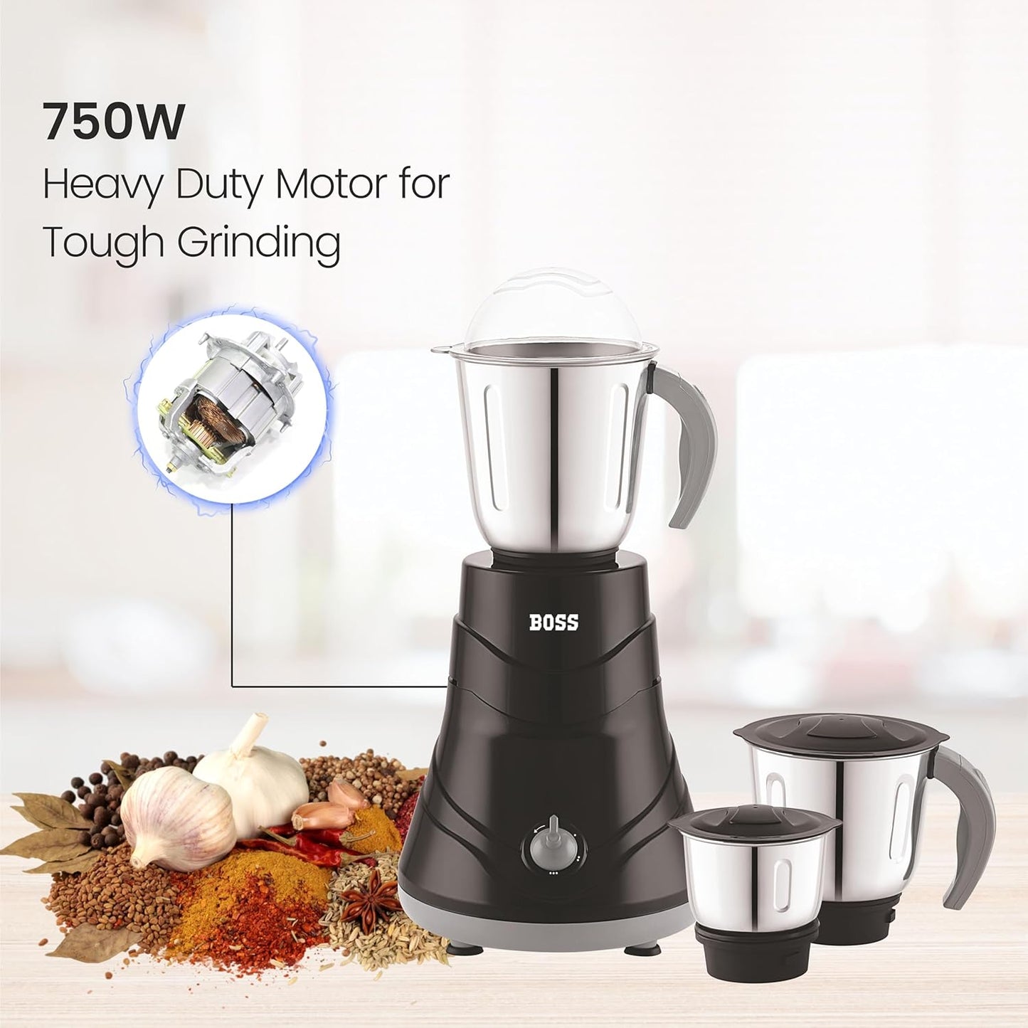 BOSS Alpha 750W Mixer Grinder 3 Stainless Steel Jars, Black