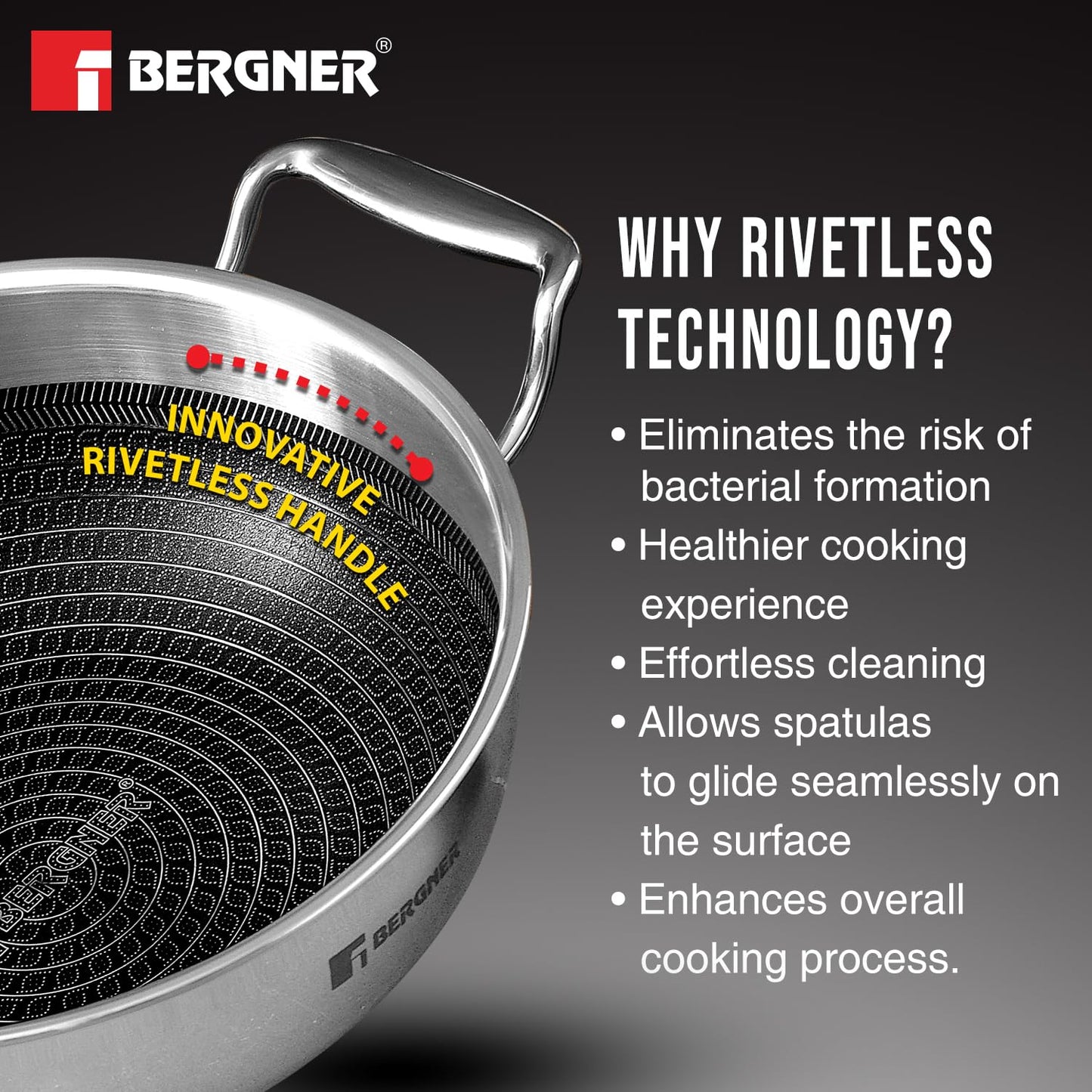 BERGNER Hitech Triply Non-Stick 32 Cm(5.8 L) Kadai with Flat Glass Lid