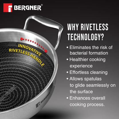BERGNER Hitech Triply Non-Stick 32 Cm(5.8 L) Kadai with Flat Glass Lid
