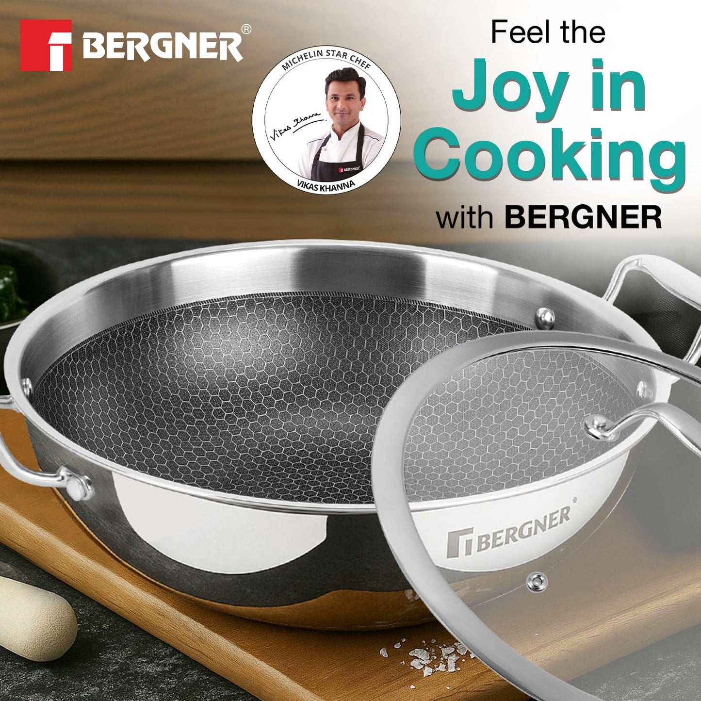 BERGNER Hi-Tech TriPly Stainless Steel 22cm (2.25 L) Kadai with Glass Lid, Honeycomb Non-Stick Coating