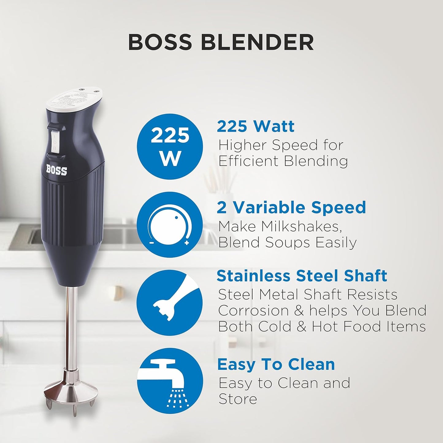 BOSS Stainless Steel B132 Portable Hand Blender 225W - Watt