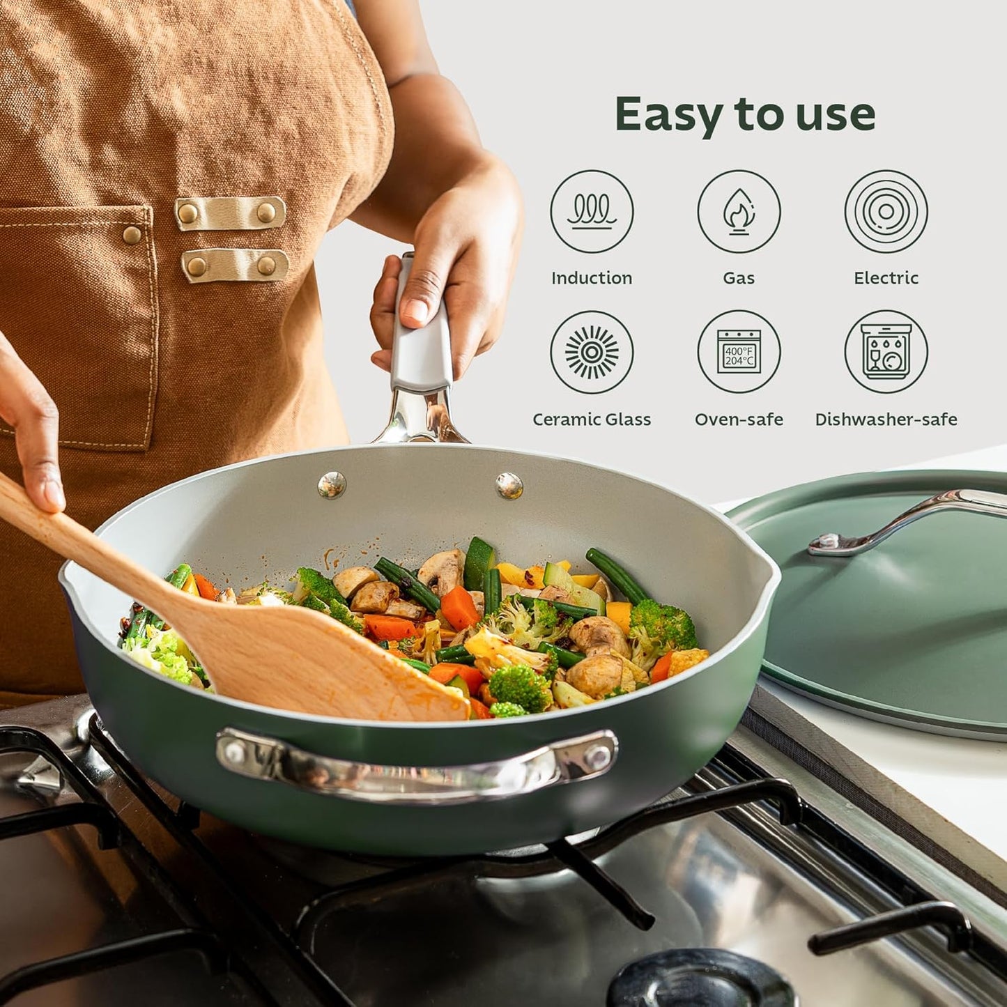 TRAMONTINA All-in-One Plus 30cm/4.7L Pan with Aluminium Lid, Steamer, Beechwood Spoon & Spatula Green