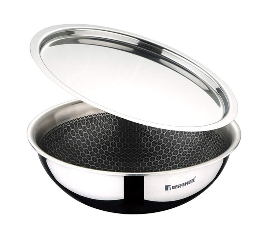 BERGNER Hitech Triply Stainless Steel Scratch Resistant Non Stick Tasra/Tasla With Stainless Steel Lid, 20 cm, 1.5 Litres