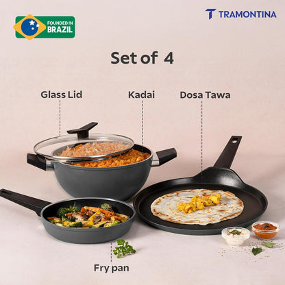 Tramontina Chroma Cookware Set of 4-Kadhai 22 cm with Lid, Fry Pan 20 cm, Dosa Tawa 28 cm
