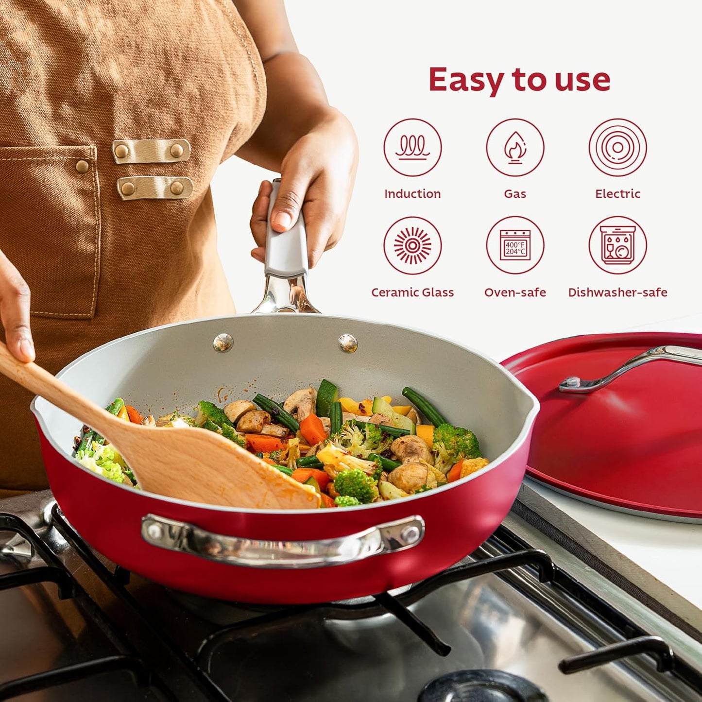 TRAMONTINA All-in-One Plus 30cm / 4.7L Pan with Aluminium Lid, Steamer, Beechwood Spoon & Spatula Red