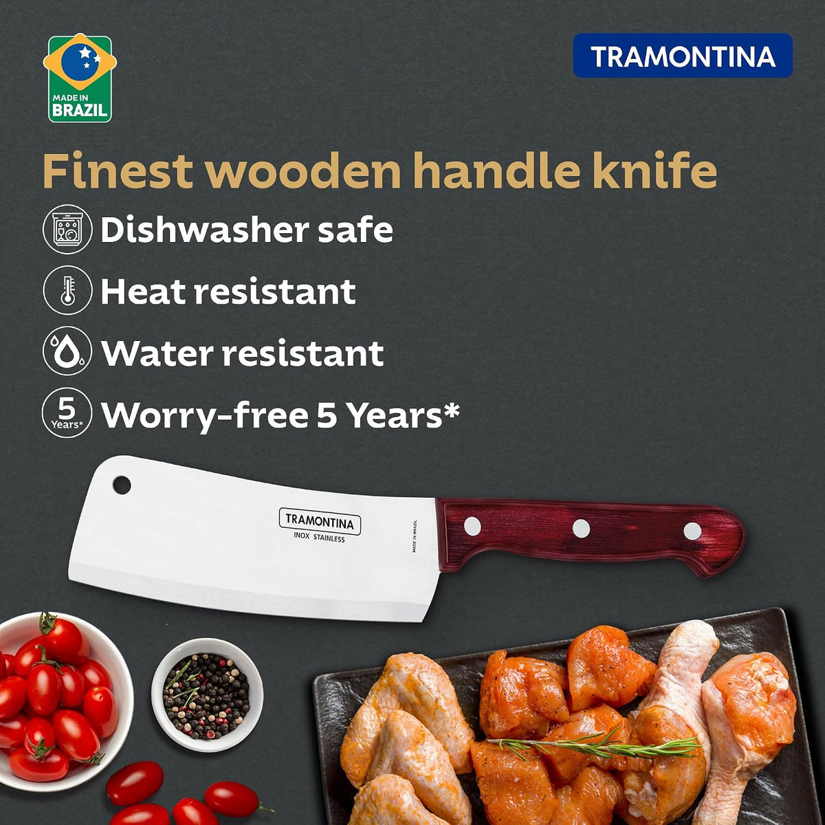TRAMONTINA Polywood 15.2cm / 6" Cleaver Knife | Stainless Steel Blade | Big Kitchen Knife for Large Vegetables/Fish | Straight/Plain Edge | Treated Wooden Handle | 5 Year Warranty