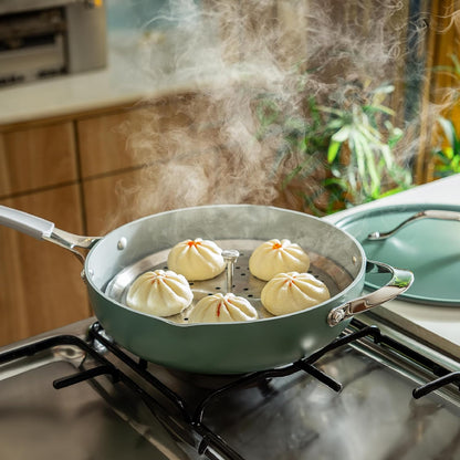 TRAMONTINA All-in-One Plus 30cm/4.7L Pan with Aluminium Lid, Steamer, Beechwood Spoon & Spatula Green