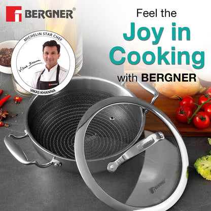 BERGNER Hitech Triply Non-Stick 32 Cm(5.8 L) Kadai with Flat Glass Lid