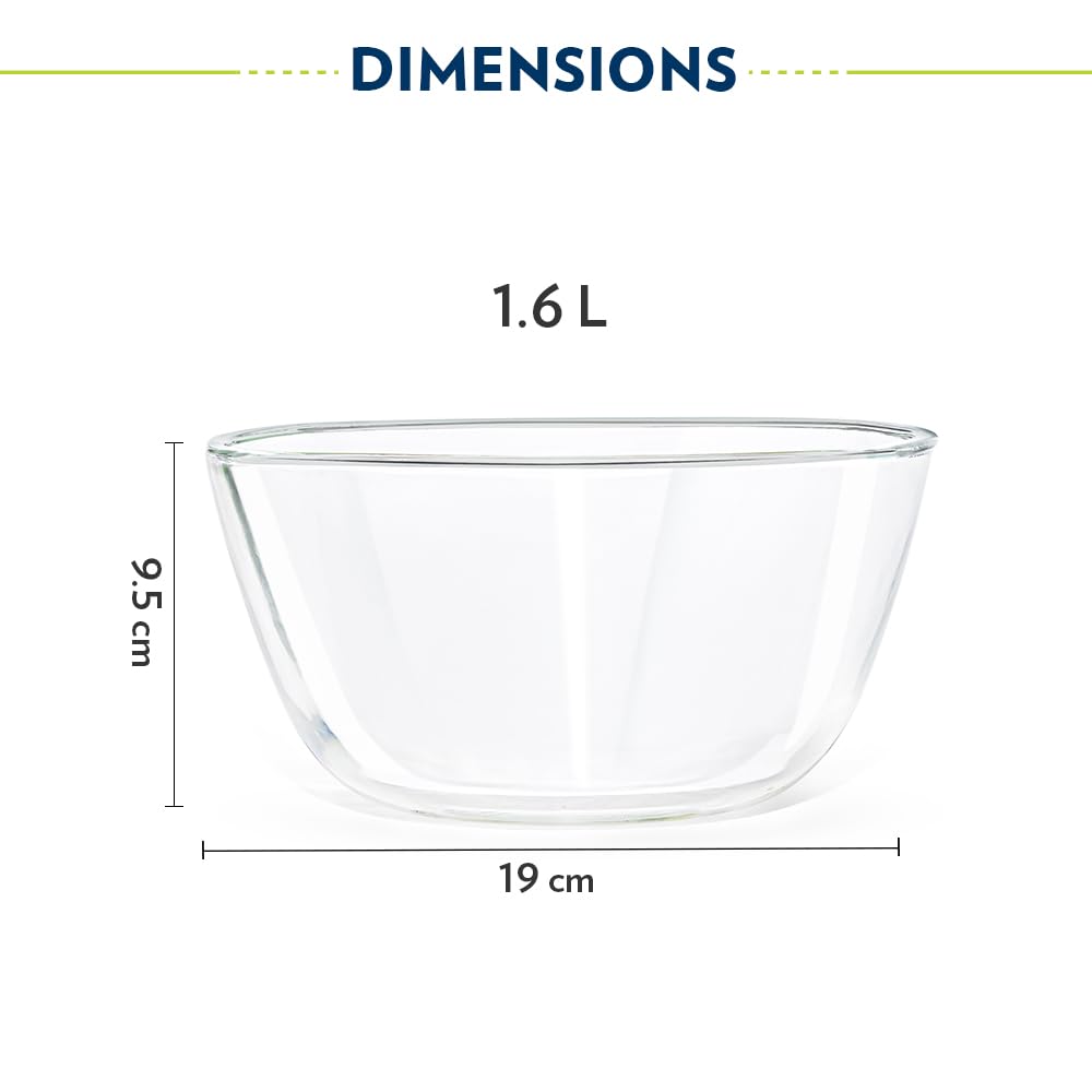 Borosil 1.6 L Square Shape Serving & Mixing Bowl | Borosilicate Glass Bowl for Kitchen & Dinning | Bowl for Mixing Dough, Salad, Batter | Microwave & Dishwasher Safe | Transparent
